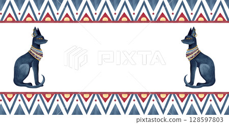 Banner with Bastet and Egyptian ancient ornament. Geometric patterns, watercolor illustration isolated from background. Culture concept for souvenirs products, postcards, packaging, stationery Banner with Bastet and Egyptian ancient ornament. Geometric patterns, watercolor illustration isolated from background. Culture concept for souvenirs products, postcards, packaging, stationery 128597803