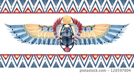 Banner Egyptian ancient ornament with Scarab beetle with wings. Geometric patterns, watercolor illustration isolated from background. African culture concept for souvenirs, postcards, packaging Banner Egyptian ancient ornament with Scarab beetle with wings. Geometric patterns, watercolor illustration isolated from background. African culture concept for souvenirs, postcards, packaging 128597804