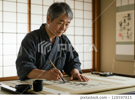 Focused senior man in traditional black attire creating japanese ink painting on a scroll 128597815