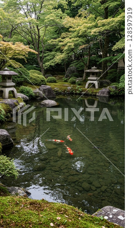 Vertical panoramic of a beautiful japanese garden with a koi pond and stone lanterns 128597919