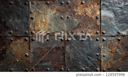 Close-up of old, rusty metal plates with rivets. Grungy texture. 128597996