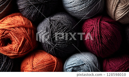 Vibrant yarn balls in various colors, perfect for knitting projects. 128598010