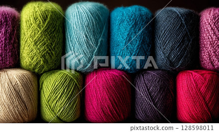 Close up of a row of bright, multicolored yarn balls, perfect for crafts. 128598011