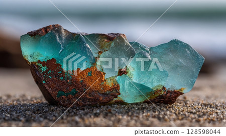 Close-up of weathered turquoise sea glass with rusty metal on sand. 128598044