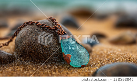 Beautiful piece of ocean-worn glass jewelry, copper chain, beach setting. 128598045