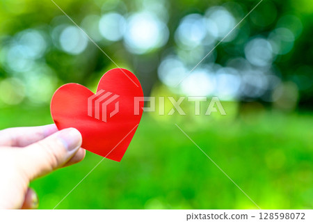 Hands holding a heart in outdoor nature Love Encounter Background material Background Day color 128598072