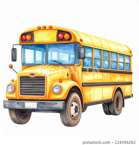 Yellow School Bus Watercolor Illustration 128598262