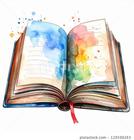 Watercolor Painting of Open Book with Colorful Splashes 128598263