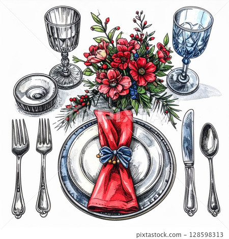 Elegant Holiday Table Setting with Red Flowers 128598313