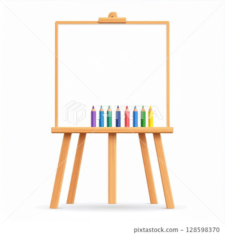 Wooden Easel with Colorful Pencils and Blank Canvas 128598370