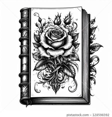 Black And White Rose Illustration On Vintage Book Cover 128598392