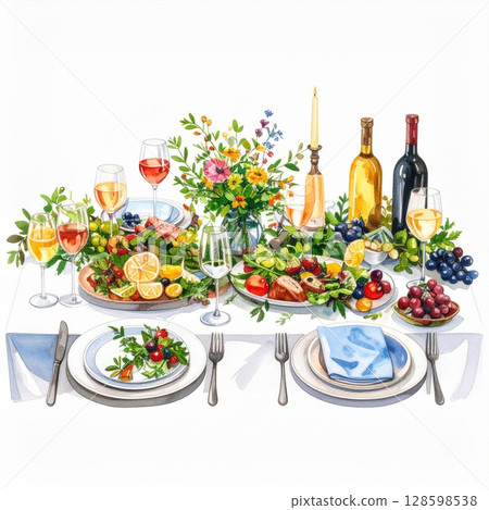 Festive Table Setting with Colorful Food and Wine 128598538