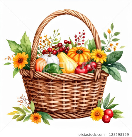 Autumn Harvest Basket with Pumpkins and Berries 128598539