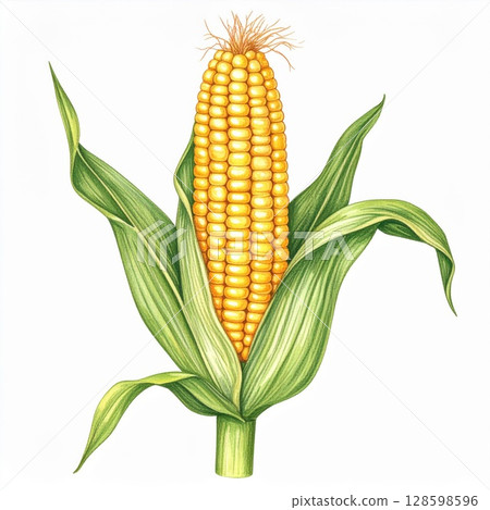Detailed Illustration of Ripe Yellow Corn with Green Husks 128598596