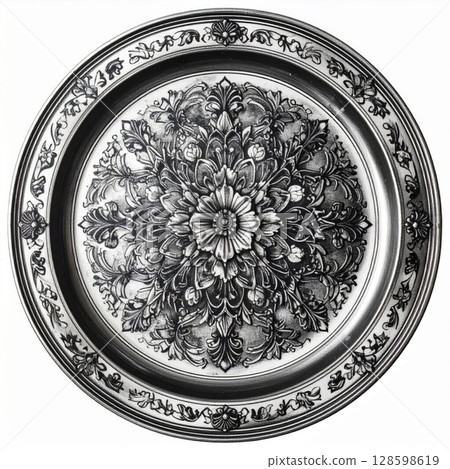 Ornate Silver Plate with Intricate Floral Design 128598619