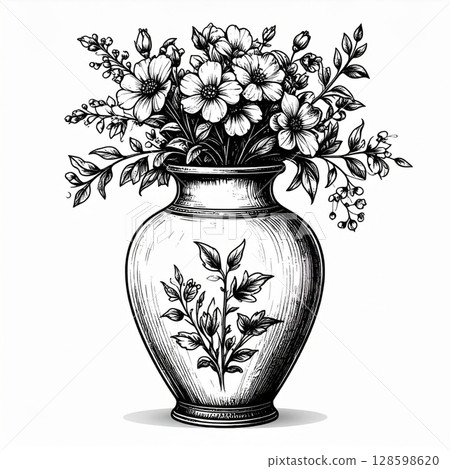 Black And White Line Art Drawing Of Flowers In Ornate Vase 128598620