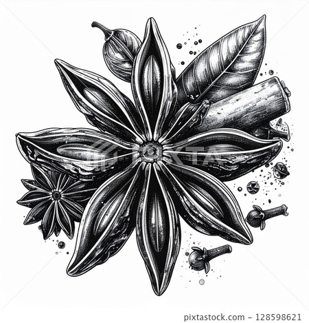 Black And White Star Anise Spice Illustration 128598621