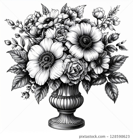 Black and White Floral Bouquet in Ornate Vase 128598623