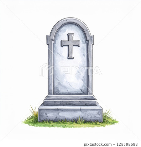 Grey Marble Gravestone with Cross on Green Grass 128598688
