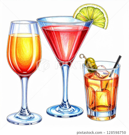 Three Colorful Cocktails Illustration 128598750