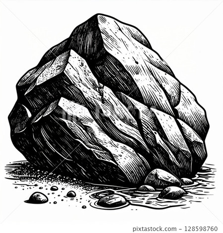 Black and White Illustration of a Large Rock by the Water 128598760
