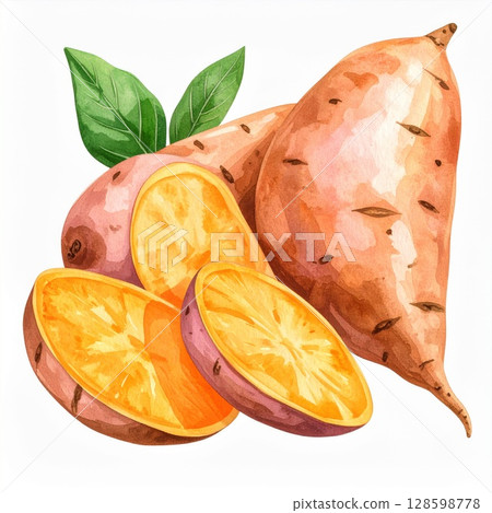 Watercolor Painting of Sweet Potatoes and Leaves 128598778