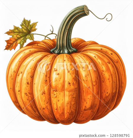 Ripe Orange Pumpkin with Leaf and Vine Illustration 128598791