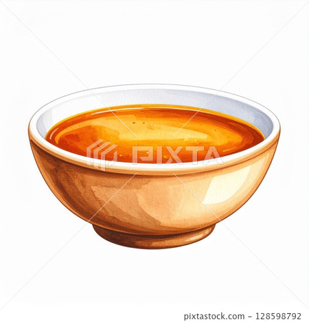 Amber Sauce in Tan Bowl Watercolor Illustration Amber Sauce in Tan Bowl Watercolor Illustration 128598792