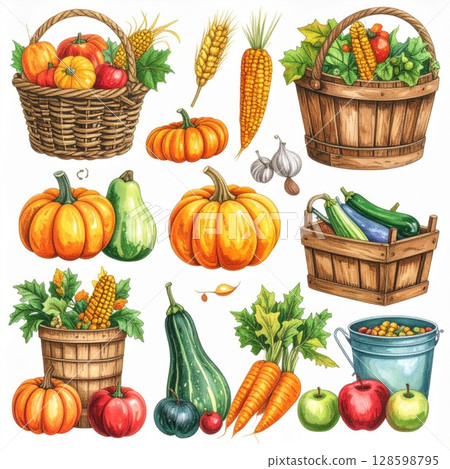 Autumn Harvest Vegetables and Fruits in Wooden Baskets Autumn Harvest Vegetables and Fruits in Wooden Baskets 128598795