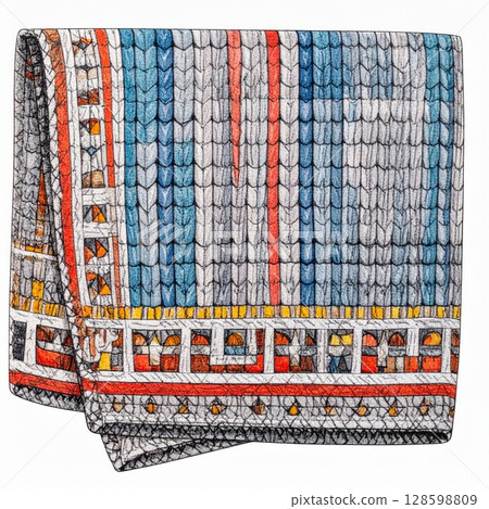 Geometric Mosaic Pattern Blanket in Blue Grey Red and Orange 128598809