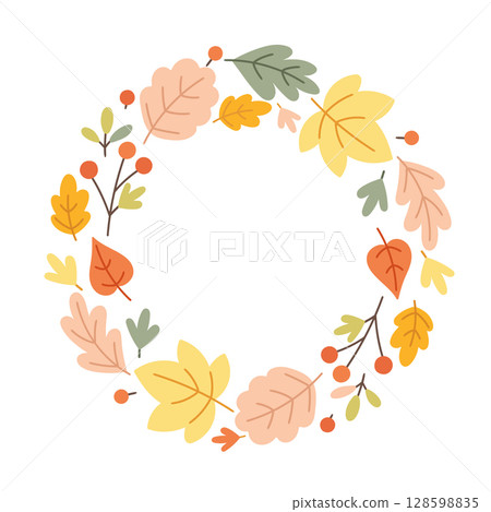 Flat vector autumn wreath made of colorful fall leaves and berries. 128598835