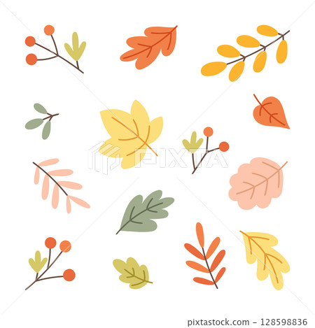 Collection of hand drawn vector autumn leaves and berry elements in flat style. 128598836