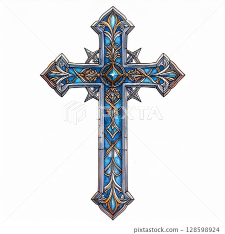 Ornate Blue And Gold Cross Religious Symbol 128598924