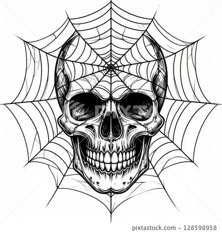 Black and White Skull Entangled in Spiderweb 128598958