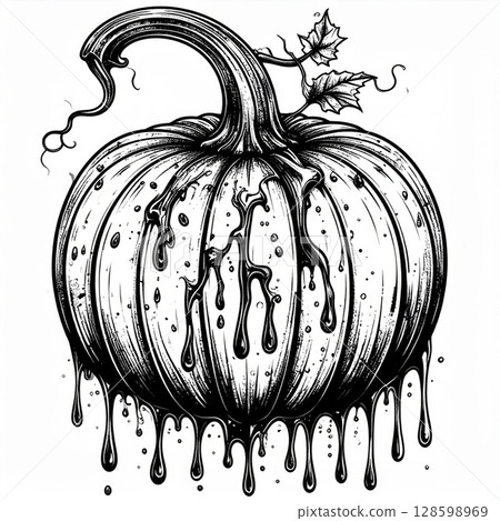 Melting Pumpkin Halloween Illustration Black Ink Drawing 128598969