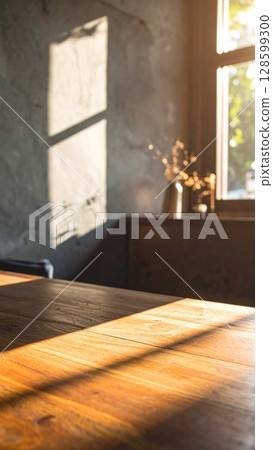 Sunlit Wooden Table in Rustic Interior Sunlit Wooden Table in Rustic Interior 128599300