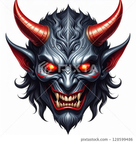 Menacing Blue Demon Head with Red Horns 128599486