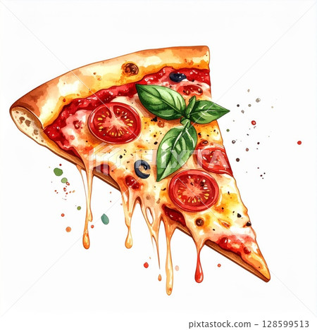 Watercolor Pizza Slice with Melted Cheese and Basil 128599513