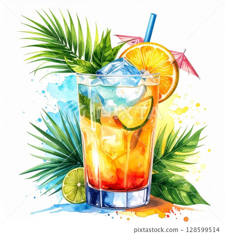 Vibrant Tropical Cocktail with Orange and Lime 128599514