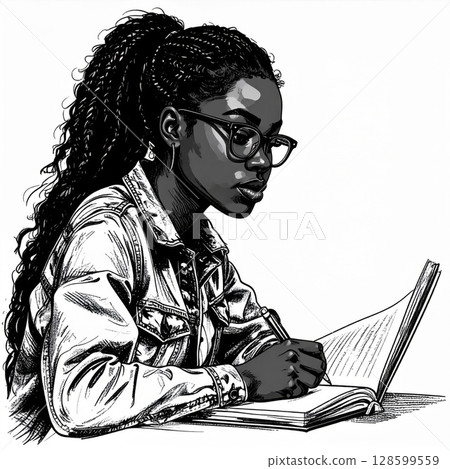 Focused Black Woman Writing in Notepad 128599559