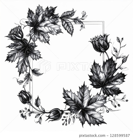 Monotone Floral Frame with Roses and Maple Leaves 128599587