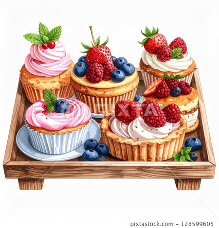 Assortment of Berry Cupcakes and Tarts on Wooden Tray 128599605