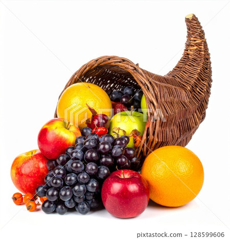 Abundant Autumn Fruit in Brown Wicker Cornucopia 128599606