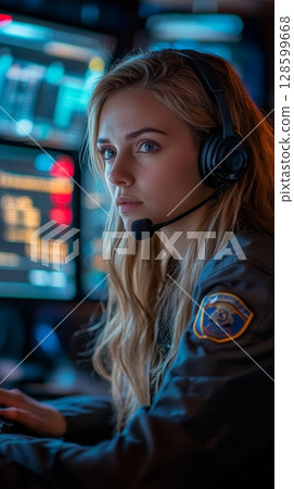 Focused Female Operator in Headset Working at Computer with Multiple Monitors in Control Room 128599668