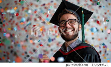 Celebrating Graduation Day Happy Graduate Tossing Cap with Confetti, Achievement, and Success 128599679