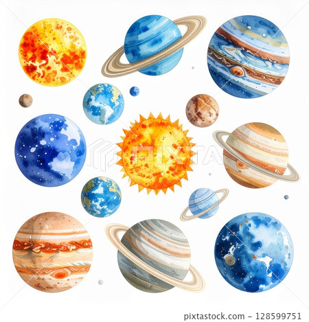 Watercolor Planets Solar System Space Painting Illustration 128599751