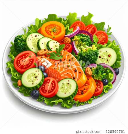 Salmon Salad with Colorful Vegetables on White Plate 128599761