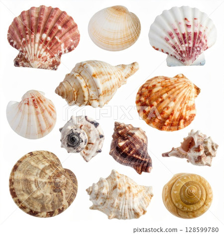 Colorful Seashell Collection on White Background 128599780