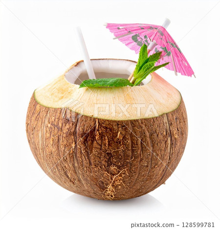 Refreshing Coconut Drink with Pink Umbrella 128599781