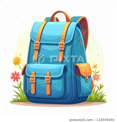 Blue Backpack with Orange Accents Amidst Flowers 128599840